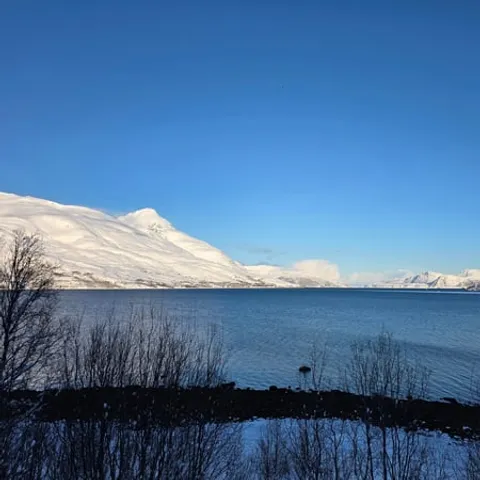 A frozen fjord below snow-covered mountains
