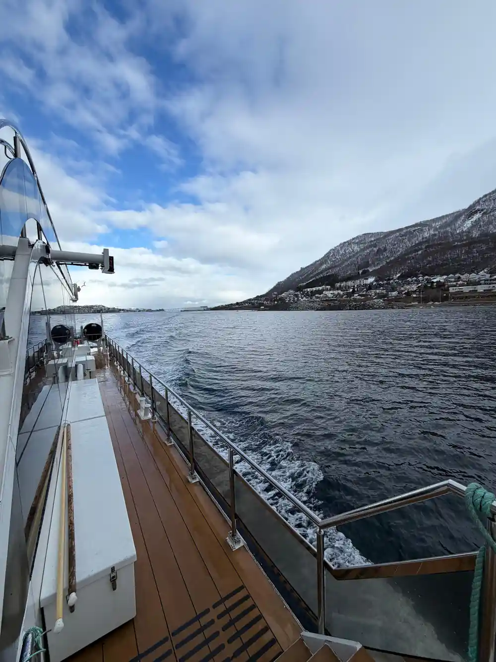 Ship deck railing alongside snowy mountainous coastline