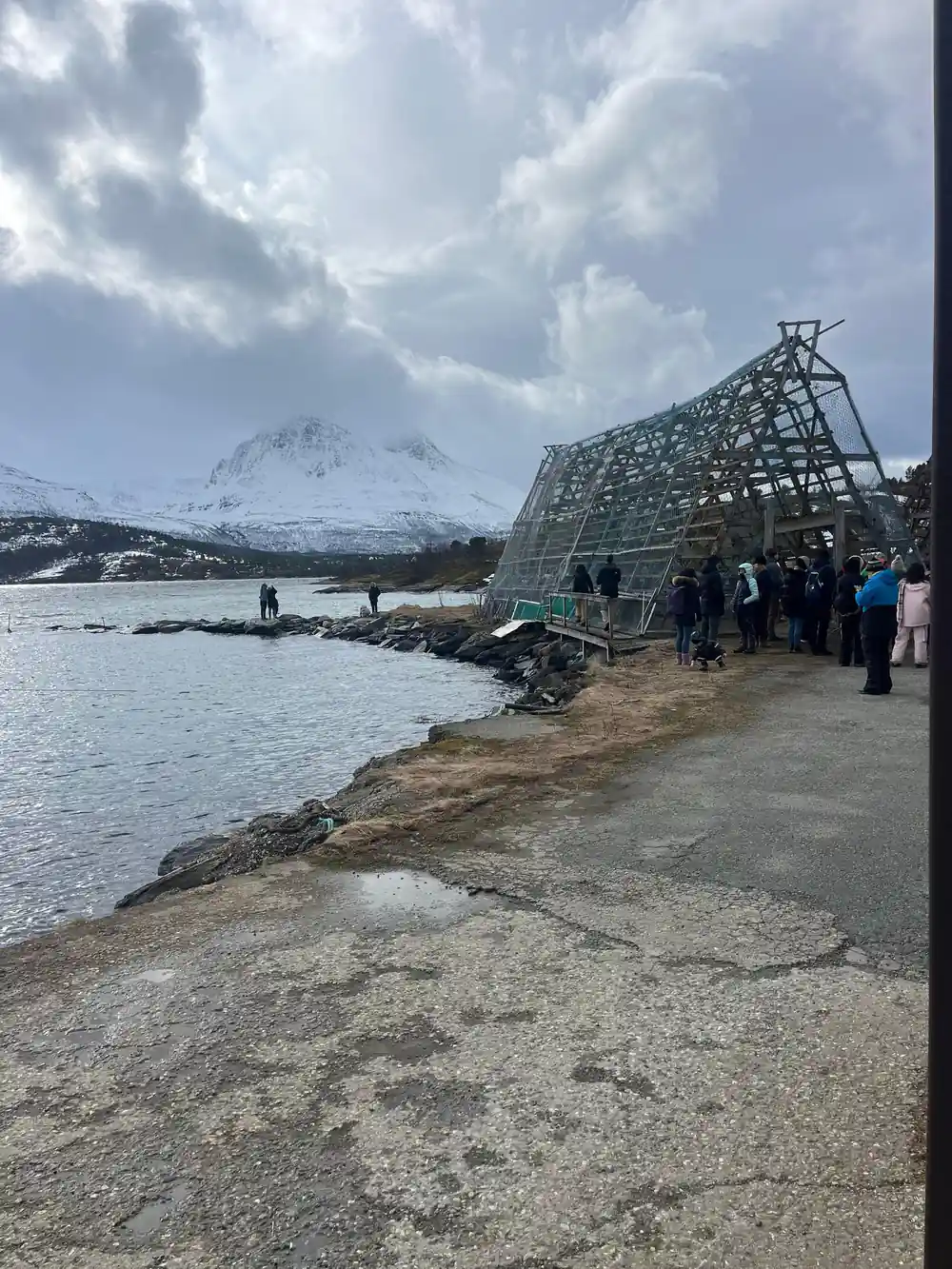 Skeletal wooden structure on beach with snow-capped mountain