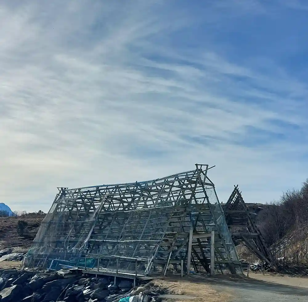 Skeletal wooden structure in snow with clear blue sky above