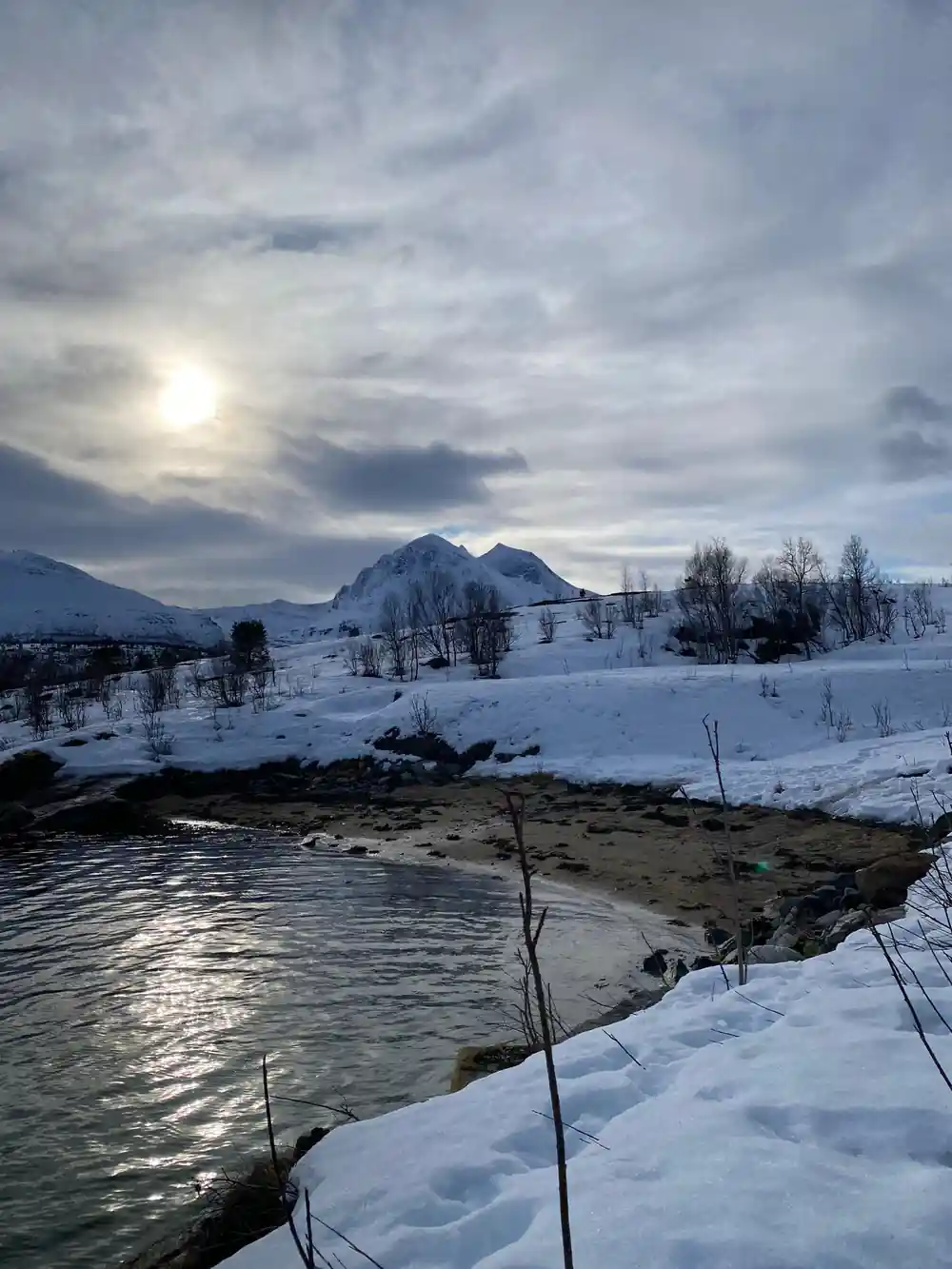 Snowy landscape with mountains and flowing river